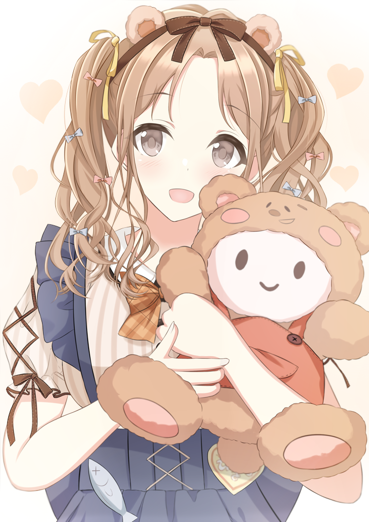 1girl :d amasajithira animal_ears apron bear_ears black_apron blue_bow bow brown_background brown_bow brown_eyes brown_hair brown_hairband collared_shirt commentary_request fake_animal_ears hair_bow hairband hands_up heart heart_background holding holding_stuffed_toy ichikawa_hinana idolmaster idolmaster_shiny_colors looking_at_viewer open_mouth pink_bow plaid plaid_bow puffy_short_sleeves puffy_sleeves shirt short_sleeves simple_background smile solo striped striped_shirt stuffed_animal stuffed_toy teddy_bear twintails upper_body vertical-striped_shirt vertical_stripes white_shirt
