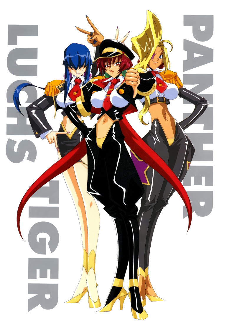 1990s_(style) 3girls arm_up bangs blue_eyes breasts character_name cropped_jacket epaulettes eyepatch frown hair_over_eyes hand_on_hip hat high_heels jacket kotobuki_tsukasa large_breasts lipstick long_hair long_sleeves looking_at_viewer luchs makeup midriff multiple_girls navel necktie official_art open_clothes open_jacket panther_(saber_j) peaked_cap pencil_skirt pumps red_eyes red_lips red_neckwear retro_artstyle saber_marionette_j shiny shiny_clothes skirt smile standing star_eyepatch strappy_heels thumbs_down tiger_(saber_j) v very_long_hair yellow_footwear