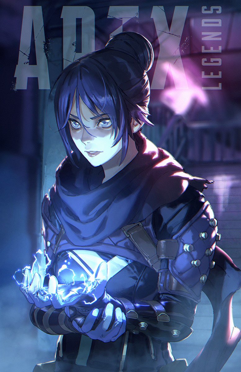 1girl apex_legends bangs black_bodysuit black_gloves black_hair black_scarf bodysuit breasts copyright_name electricity gloves grey_eyes hair_between_eyes hair_bun highres holding_own_wrist looking_ahead medium_breasts open_hand parted_bangs parted_lips passimo scarf solo upper_body wraith_(apex_legends)