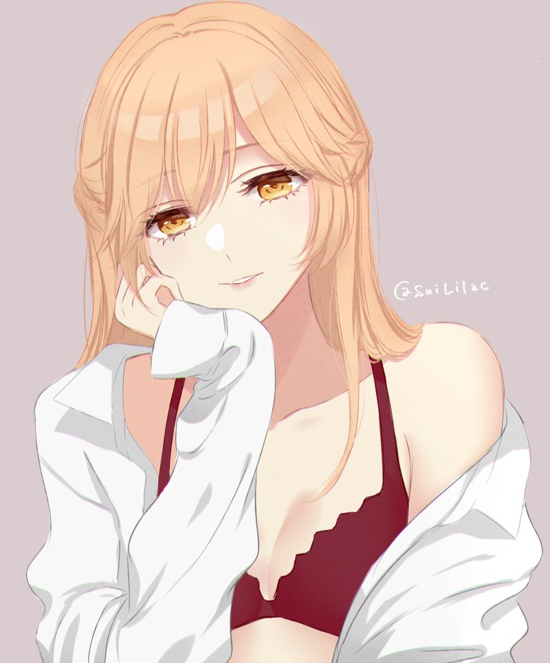 1girl artist_name blonde_hair bra bra_strap breasts eyebrows_visible_through_hair girls_frontline hand_on_head lips long_hair looking_at_viewer open_clothes open_shirt ots-14_(girls_frontline) red_bra shirt simple_background smile solo_focus sui_(camellia) underwear white_shirt yellow_eyes