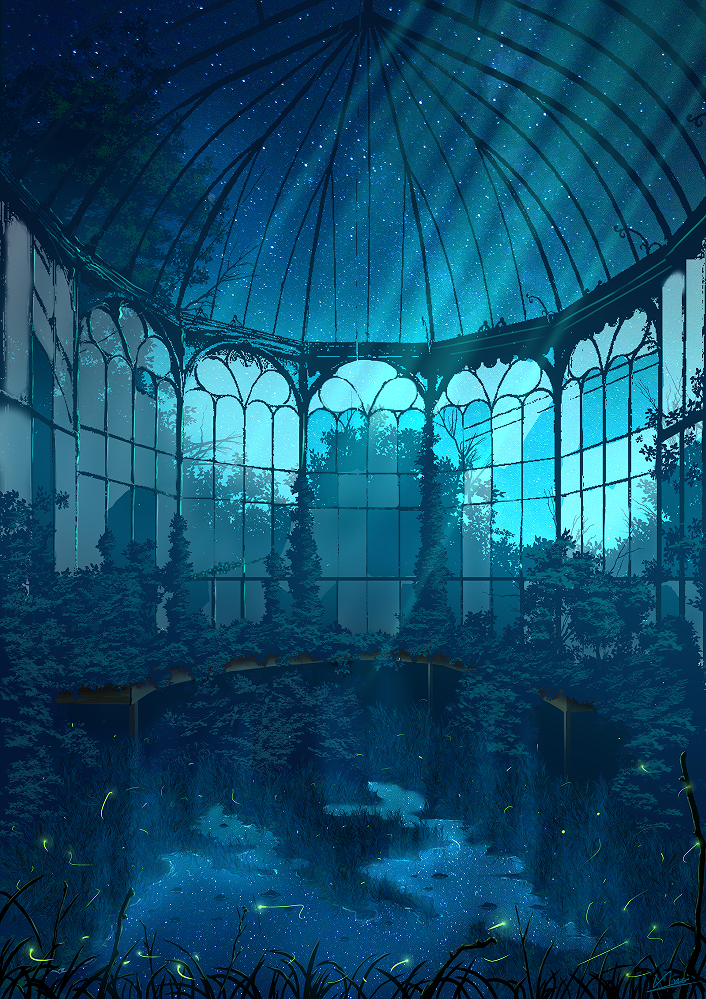 blue_theme broken_glass bush commentary english_commentary fireflies glass indoors night no_humans original pond reflection scenery sky skyline star_(sky) starry_sky tagme tree vinci_v7 window