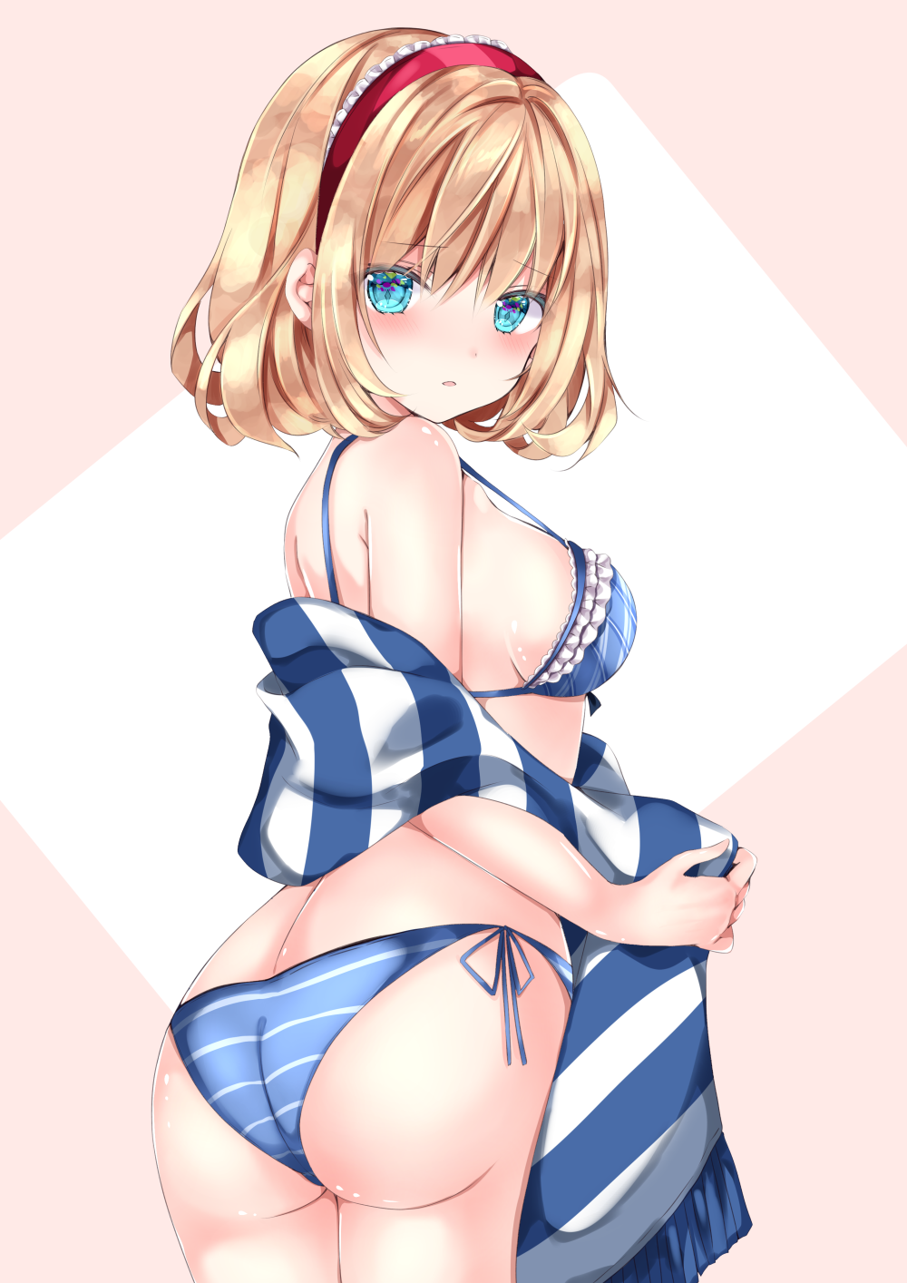 1girl alice_margatroid ass bangs blonde_hair blue_bra blue_eyes blue_panties blush bra breasts brown_background eyebrows_visible_through_hair frilled_bra frilled_hairband frills fringe_trim hair_between_eyes hairband highres looking_at_viewer looking_back medium_breasts nanase_nao panties parted_lips red_hairband scarf side-tie_panties solo striped striped_bra striped_panties striped_scarf touhou two-tone_background underwear white_background