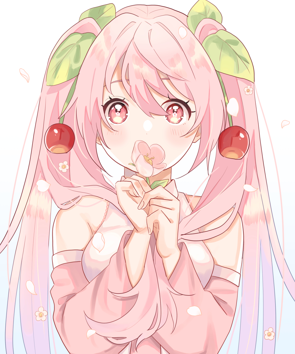 08nana 1girl bare_shoulders cherry_blossoms cherry_hair_ornament commentary covering_mouth detached_sleeves falling_petals flower flower_in_eye flower_over_mouth food_themed_hair_ornament hair_ornament hatsune_miku highres holding holding_flower holding_hair leaf long_hair petals pink_eyes pink_flower pink_hair pink_neckwear pink_sleeves sakura_miku shirt sleeveless sleeveless_shirt solo symbol_in_eye twintails upper_body very_long_hair vocaloid white_shirt