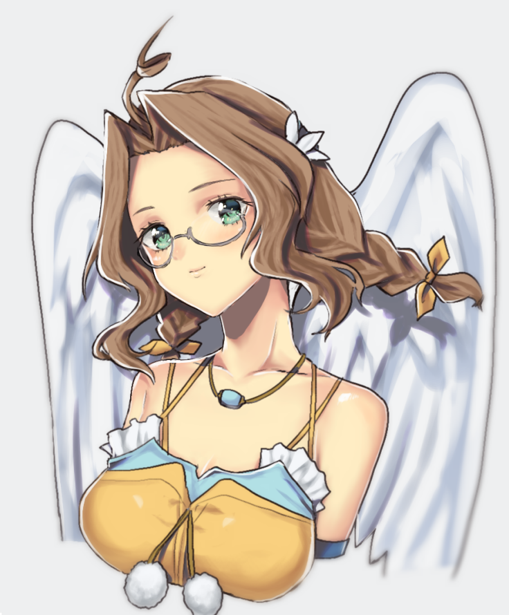 1girl angel_wings breasts brown_hair closed_mouth glasses green_eyes jewelry long_hair looking_at_viewer murata_tefu necklace ribbon ribbons sarah_jerand simple_background smile solo star_ocean star_ocean_the_last_hope twintails white_background wings yellow_ribbon