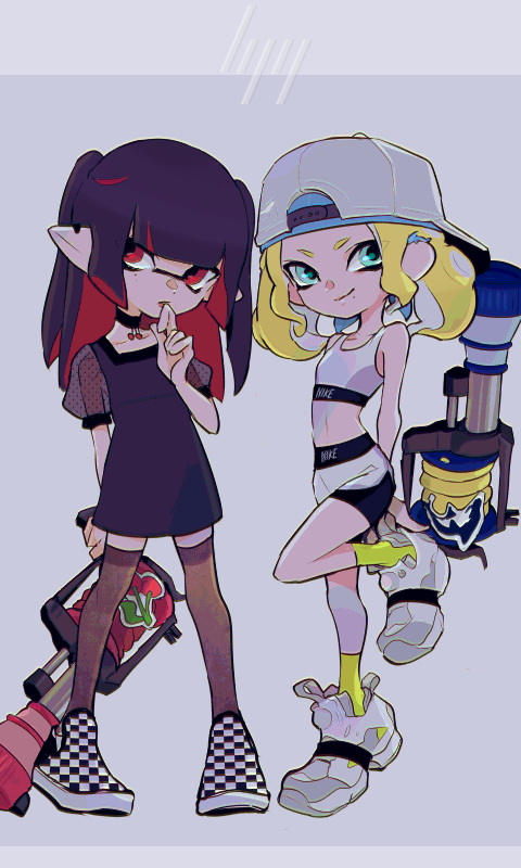 2girls aqua_eyes backwards_hat bangs black_choker black_dress black_footwear black_hair black_legwear blonde_hair blunt_bangs blunt_ends checkered_footwear choker closed_mouth colored_inner_hair domino_mask dress ear_clip frown grey_background h-3_nozzlenose_(splatoon) hand_to_own_mouth hat holding holding_weapon imaikuy0 inkling leg_up long_hair looking_at_viewer makeup mascara mask medium_hair multicolored_hair multiple_girls nike octoling pointy_ears puffy_short_sleeves puffy_sleeves red_eyes shirt shoes short_dress short_sleeves shorts smirk sneakers socks splatoon_(series) splatoon_2 sportswear standing standing_on_one_leg suction_cups symbol_commentary tank_top tentacle_hair thigh-highs twintails weapon white_footwear white_headwear white_shirt white_shorts yellow_legwear