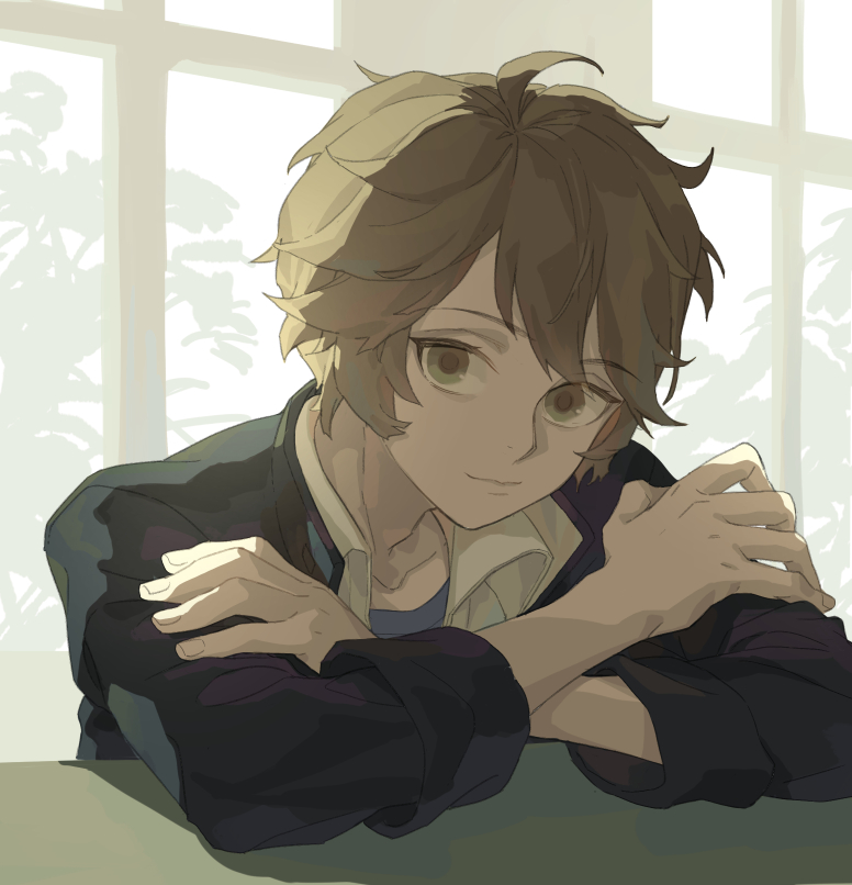 1boy ahoge brown_hair character_request closed_mouth collarbone desk eyebrows_visible_through_hair favilia fingernails green_eyes indoors juusan_kihei_bouei_ken male_focus plant silhouette sleeves_rolled_up smile solo window