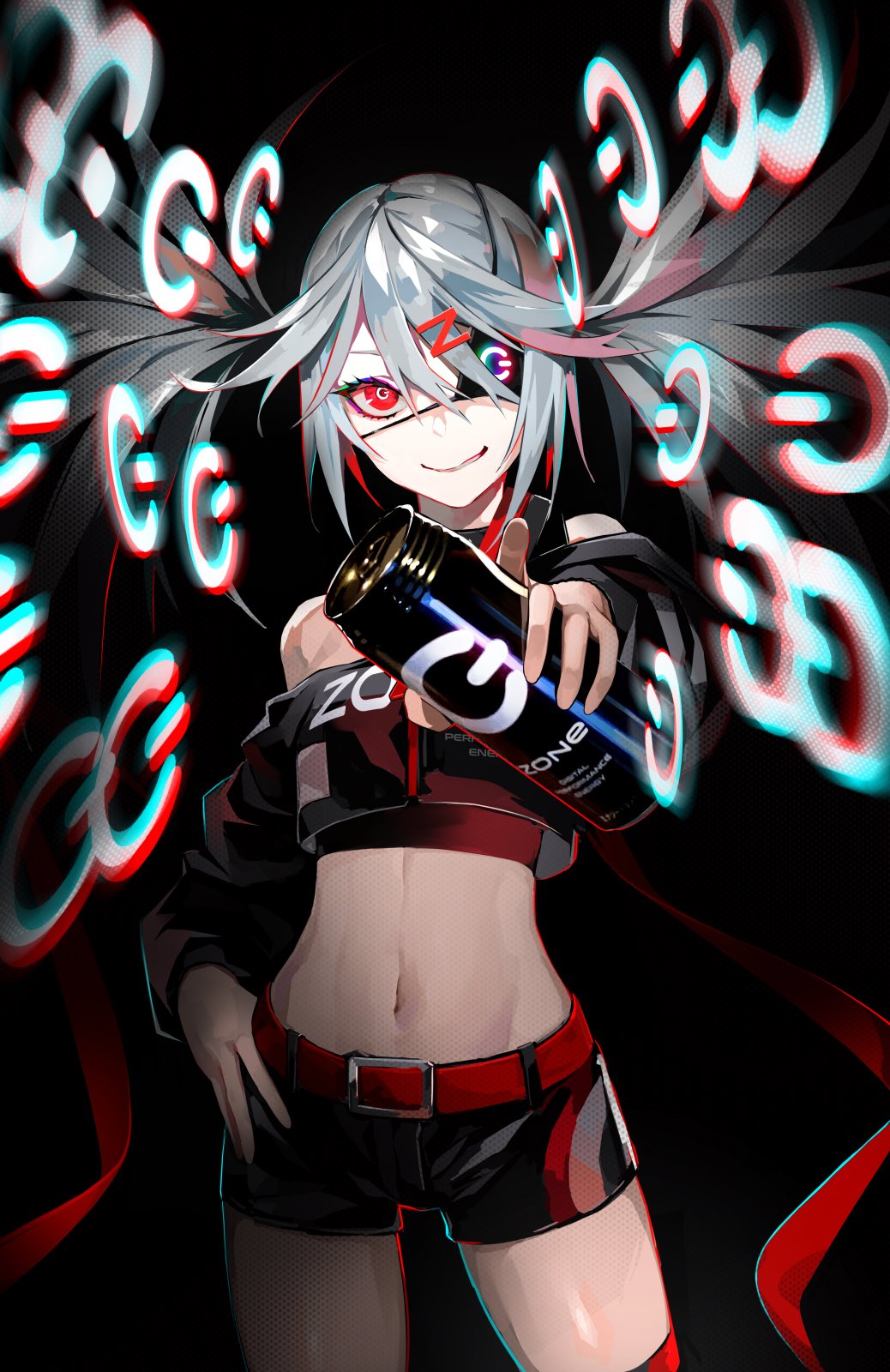 1girl bare_shoulders belt black_choker black_jacket black_shorts can choker cowboy_shot crop_top cropped_jacket dive_to_zone energy_drink eyepatch groin hand_on_hip highres holding holding_can jacket long_hair long_sleeves looking_at_viewer midriff navel off-shoulder_jacket off_shoulder outstretched_arm parted_lips power_symbol ram_(ramlabo) red_eyes red_ribbon red_shirt ribbon shirt short_shorts shorts silver_hair smile solo standing stomach symbol-shaped_pupils thighs twintails
