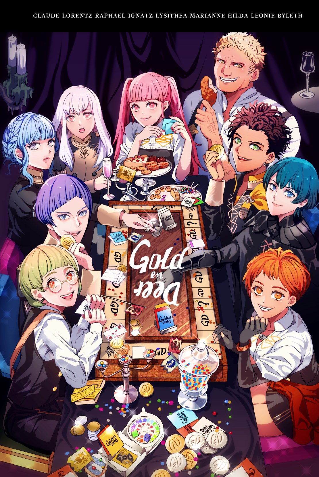 4girls 5boys blonde_hair blue_hair brown_hair byleth_(fire_emblem) byleth_eisner_(male) candelabra candy candy_jar card champagne_flute cheesecake chicken_leg claude_von_riegan cup drinking_glass fingerless_gloves fire_emblem fire_emblem:_three_houses food garreg_mach_monastery_uniform gloves green_eyes green_hair highres hilda_valentine_goneril ignatz_victor leonie_pinelli looking_at_viewer lorenz_hellman_gloucester lysithea_von_ordelia marianne_von_edmund multiple_boys multiple_girls orange_eyes orange_hair pink_eyes pink_hair purple_hair raphael_kirsten short_hair sitting skirt smile the_game_of_life tsuko_(25mnts) twintails violet_eyes white_hair