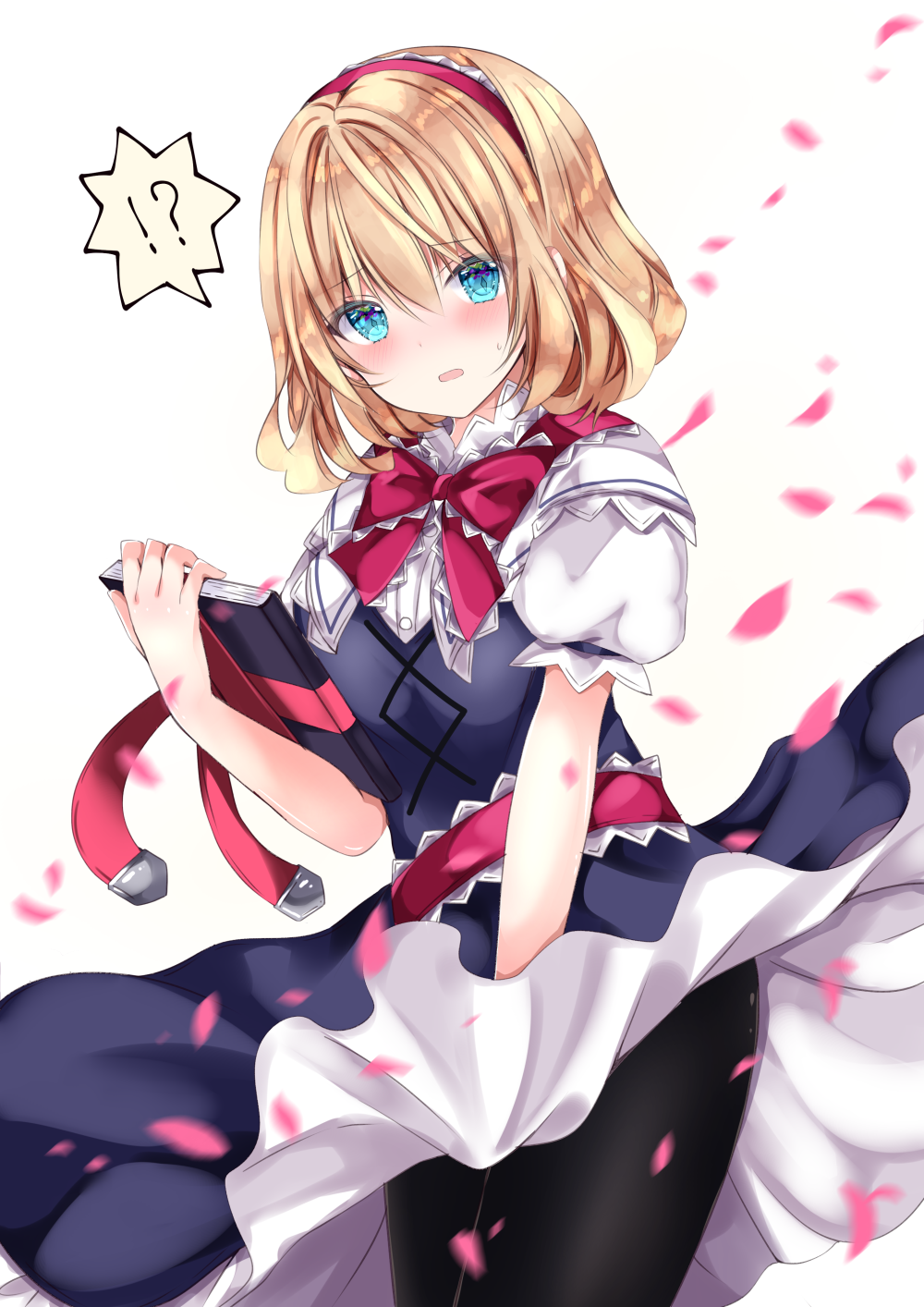 ! 1girl alice_margatroid bangs black_dress black_legwear blonde_hair blue_eyes blush book bow covering covering_crotch dress eyebrows_visible_through_hair hair_between_eyes highres holding holding_book looking_at_viewer nanase_nao open_mouth pantyhose petals puffy_short_sleeves puffy_sleeves red_bow shirt short_sleeves simple_background sleeveless sleeveless_dress solo spoken_exclamation_mark standing sweat touhou white_background white_shirt wind wind_lift