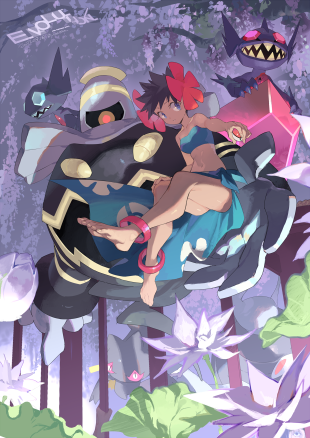 1girl anklet artist_name banette bangs bare_arms barefoot black_hair blue_eyes blue_sarong closed_mouth dark_skin dark-skinned_female dusknoir e_volution elite_four from_below gen_3_pokemon gen_4_pokemon hair_ornament holding holding_poke_ball jewelry mega_pokemon mega_sableye navel phoebe_(pokemon) poke_ball poke_ball_(basic) poke_ball_print pokemon pokemon_(creature) pokemon_(game) pokemon_oras sableye sarong short_hair spiky_hair toes