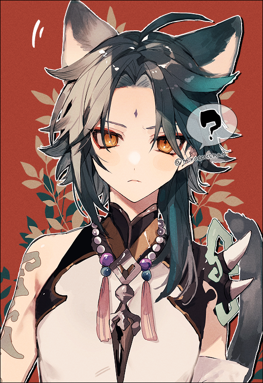 1boy ? ahoge animal_ears aqua_hair arm_tattoo armor asymmetrical_clothes bead_necklace beads black_hair cat_ears cat_tail closed_mouth facial_mark forehead_mark genshin_impact gradient_hair jewelry male_focus mikoccccchan multicolored_hair necklace red_background shoulder_armor simple_background solo spikes spoken_question_mark tail tassel tattoo twitter_username upper_body xiao_(genshin_impact) yellow_eyes