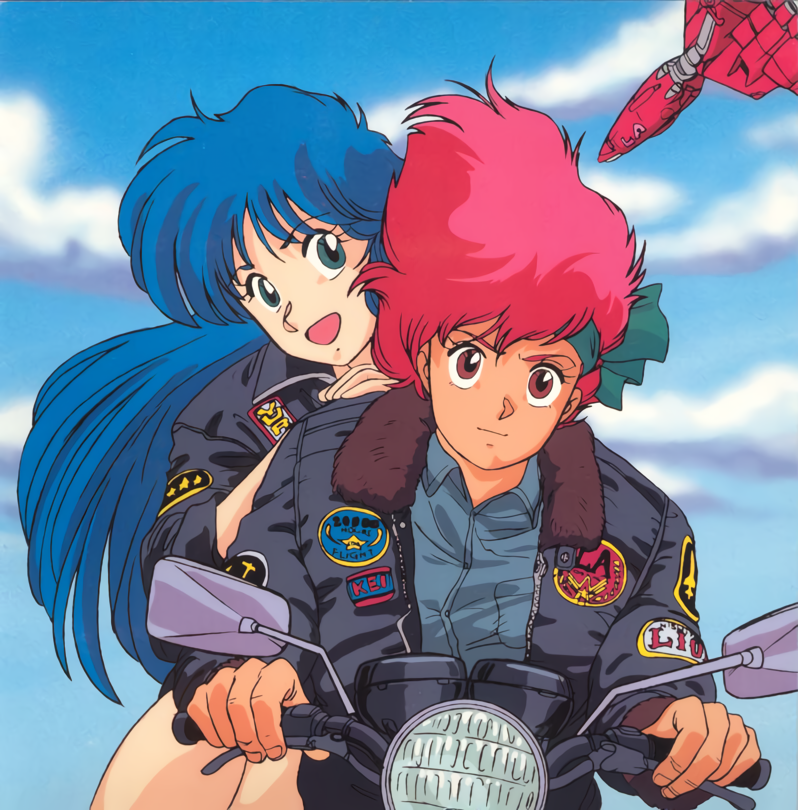 1980s_(style) 2girls blue_eyes blue_hair character_name clothes_writing day dirty_pair driving emblem ground_vehicle hand_on_another's_shoulder headband jacket kei_(dirty_pair) long_hair long_sleeves motor_vehicle motorcycle multiple_girls official_art open_mouth outdoors red_eyes redhead retro_artstyle short_hair sky space_craft yuri_(dirty_pair)