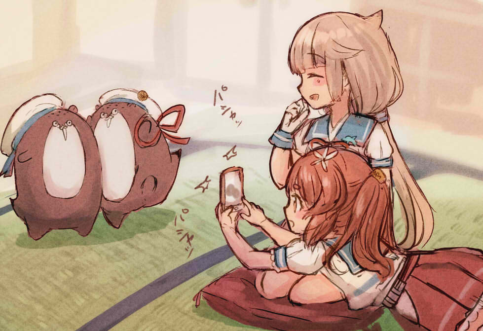 2girls blue_sailor_collar bokukawauso brown_eyes brown_hair cellphone closed_eyes cushion flower grey_hair hair_flower hair_ornament half_updo hip_vent kantai_collection long_hair low_twintails mikura_(kancolle) multiple_girls otter phone pleated_skirt puffy_short_sleeves puffy_sleeves red_skirt sailor_collar sailor_shirt school_uniform serafuku shirt short_sleeves skirt smartphone taking_picture tatami twintails wavy_hair white_shirt wss_(nicoseiga19993411) yashiro_(kancolle) zabuton