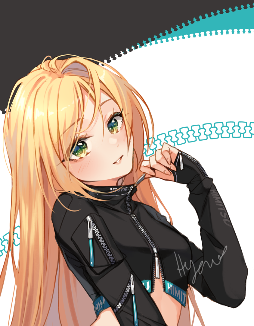 1girl bangs black_jumpsuit blonde_hair blush breasts clothes_writing commentary cropped_jacket english_commentary eyebrows_visible_through_hair green_eyes head_tilt hyanna-natsu long_hair long_sleeves looking_at_viewer multicolored_background original parted_lips signature sleeves_past_wrists small_breasts smile solo upper_body zipper zipper_pull_tab