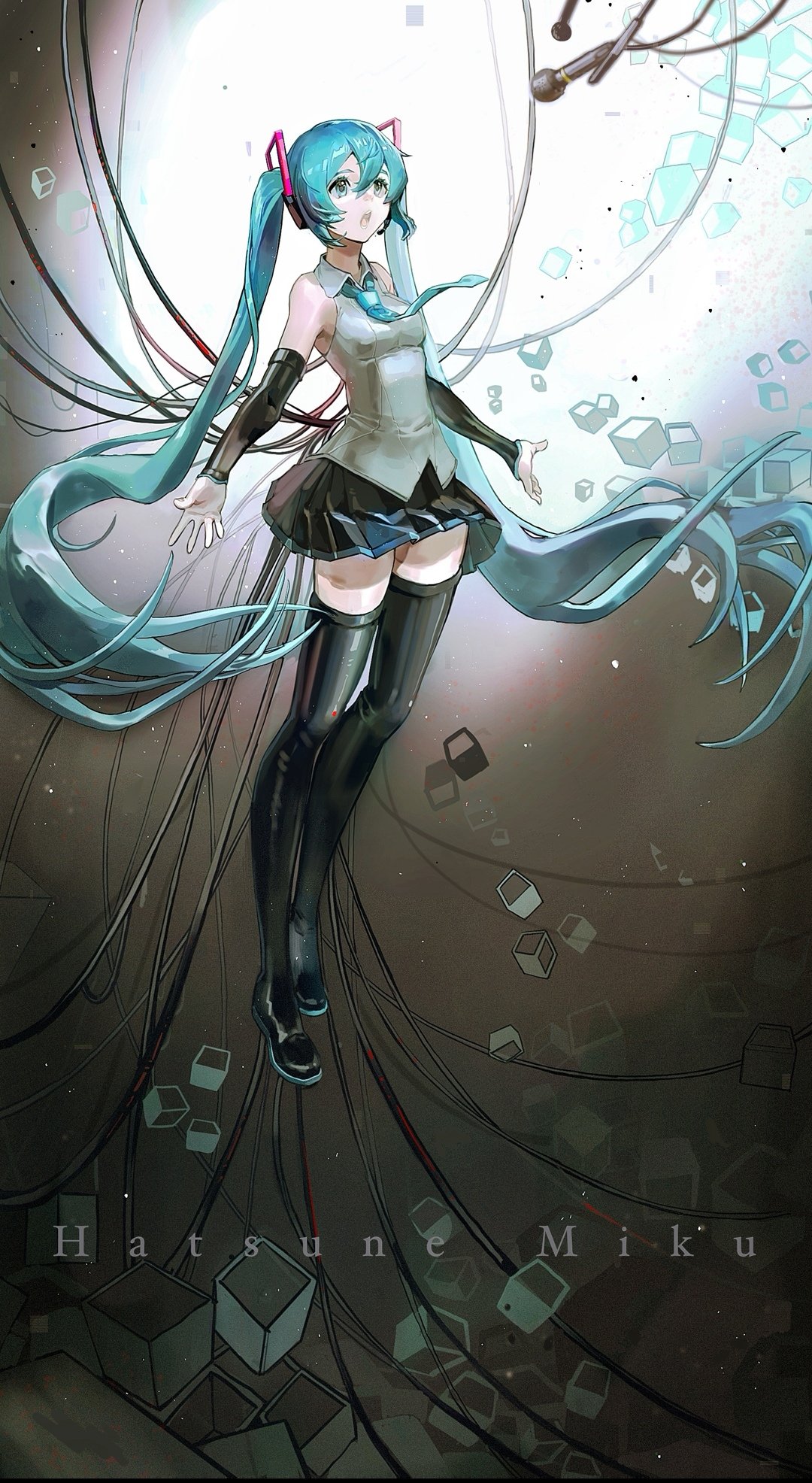 1girl android aqua_eyes aqua_hair aqua_neckwear bare_shoulders black_legwear black_skirt black_sleeves cable character_name commentary cube detached_sleeves floating floating_necktie full_body hair_ornament hatsune_miku hatsune_miku_(vocaloid4) headphones highres long_hair looking_up microphone miniskirt necktie neonneon321 open_mouth outstretched_hand pleated_skirt see-through_legwear shirt skindentation skirt sleeveless sleeveless_shirt solo spotlight thigh-highs twintails v4x very_long_hair vocaloid white_shirt zettai_ryouiki