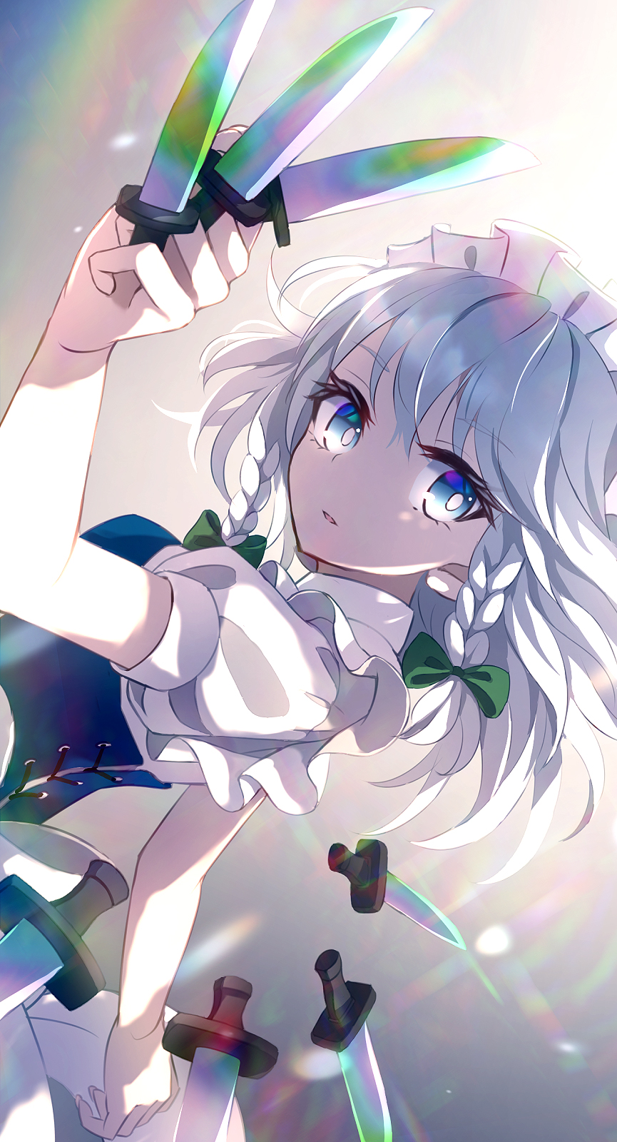 1girl bangs between_fingers blue_dress blue_eyes bow braid breasts bright_pupils chromatic_aberration dise dress eyebrows_visible_through_hair from_side gradient gradient_background green_bow grey_background hair_bow hair_ribbon highres holding holding_knife iridescent izayoi_sakuya knife lens_flare long_hair looking_at_viewer looking_to_the_side maid_headdress medium_breasts parted_lips puffy_short_sleeves puffy_sleeves ribbon short_sleeves side_braids silver_hair simple_background solo throwing_knife touhou tress_ribbon twin_braids unconnected_marketeers upper_body weapon white_headwear white_pupils