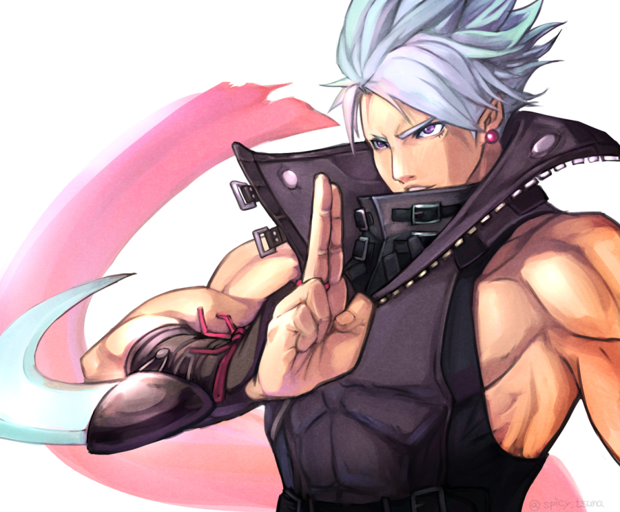 1boy arm_blade blade chipp_zanuff earrings fingernails grey_hair guilty_gear guilty_gear_strive hand_gesture jewelry male_focus muscular muscular_male ninja parted_lips simple_background single_earring smile solo torn torn_clothes tsuna_(akmu8832) twitter_username upper_body violet_eyes weapon white_background zipper