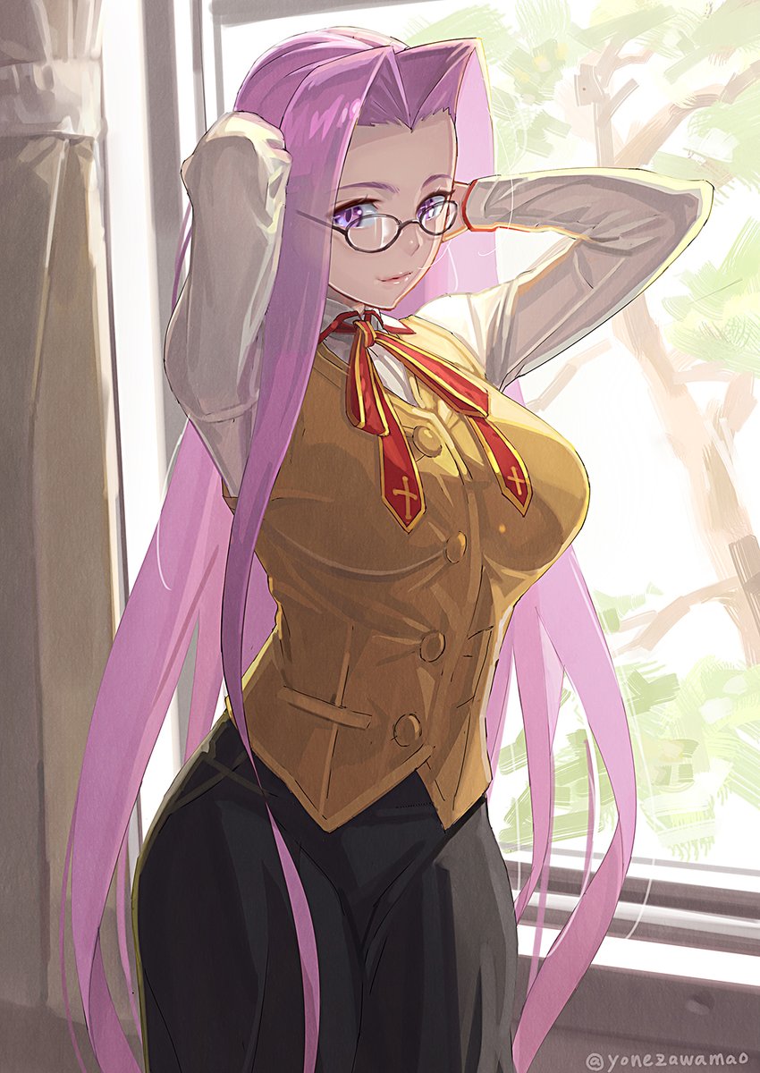 1girl arms_behind_head arms_up backlighting bangs black_skirt breasts brown_vest collared_shirt fate/stay_night fate_(series) forehead glasses highres homurahara_academy_uniform large_breasts long_hair looking_at_viewer neck_ribbon parted_bangs purple_hair red_ribbon ribbon rider shirt sidelocks skirt smile very_long_hair vest violet_eyes white_shirt window yonezawa_mao
