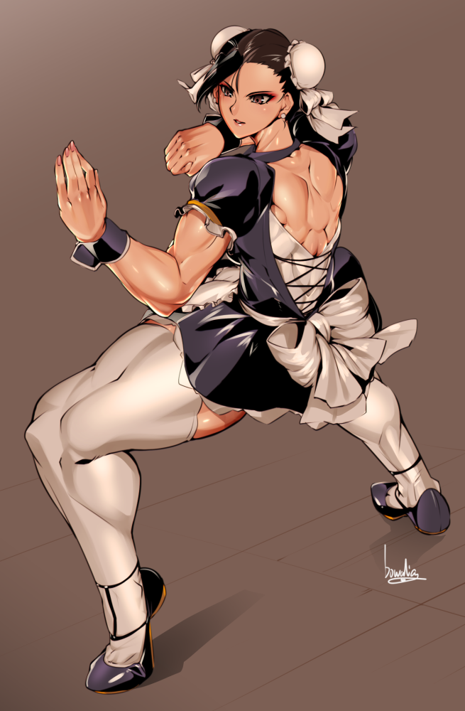 1girl alternate_costume apron armband bare_back biceps bowalia bracelet brown_eyes brown_hair chun-li commentary double_bun dress earrings enmaided fighting_stance full_body jewelry maid maid_apron muscular muscular_female shoes signature solo standing street_fighter thick_thighs thigh-highs thighs