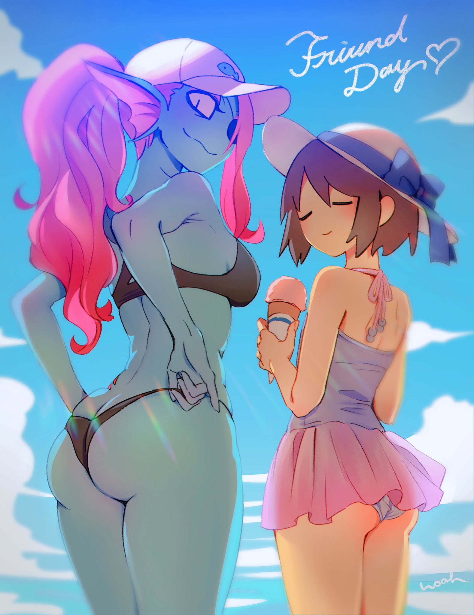 1girl 1other androgynous artist_name ass bangs bare_arms bare_shoulders bikini black_bikini blue_bow blue_skin bow breasts brown_hair closed_eyes colored_skin cowboy_shot day fins food frisk_(undertale) from_behind from_side hat heart highres ice_cream ice_cream_cone long_hair looking_at_viewer looking_back medium_breasts noaharbre outdoors panties pink_hair ponytail redhead short_hair skindentation smile swimsuit undertale underwear undyne white_headwear white_panties