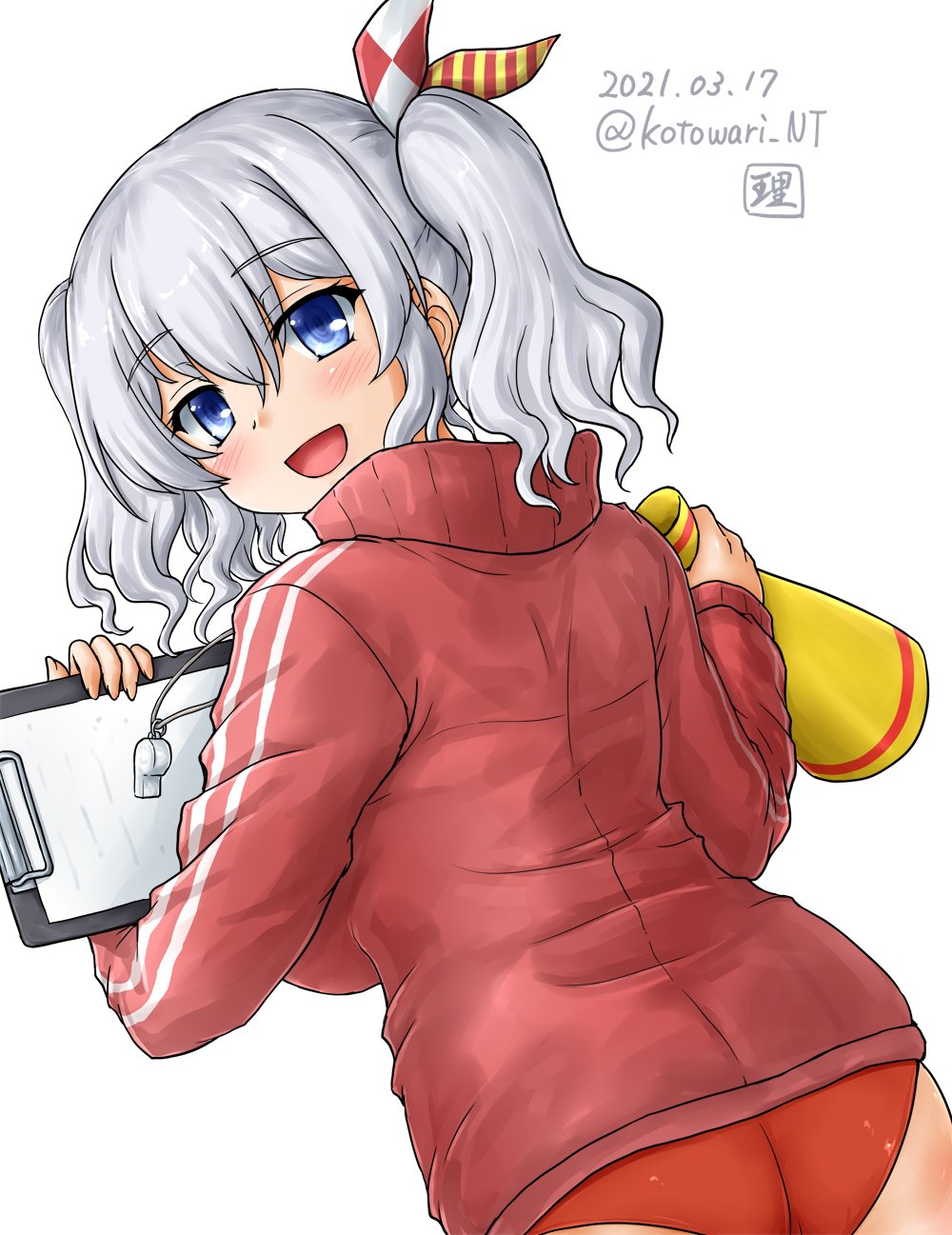 1girl artist_logo ass blue_eyes buruma clipboard commentary_request cowboy_shot dated from_behind grey_eyes highres jacket kantai_collection kashima_(kancolle) kotowari_(newtype_kenkyuujo) long_hair looking_at_viewer looking_back megaphon one-hour_drawing_challenge red_buruma red_jacket sidelocks silver_hair simple_background solo track_jacket twintails twitter_username wavy_hair whistle whistle_around_neck white_background