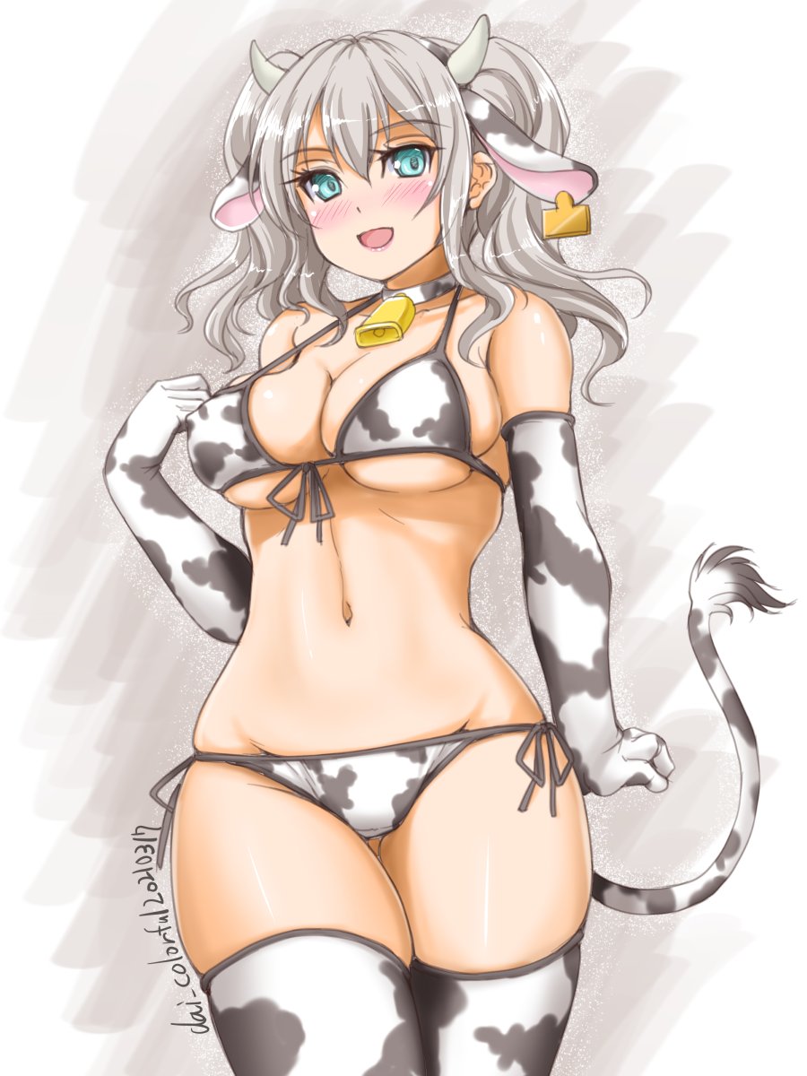 1girl akimoto_dai animal_ears animal_print bikini blue_eyes breasts cow_ears cow_horns cow_print cow_tail dated ear_tag elbow_gloves fake_animal_ears fake_horns front-tie_top gloves groin highres horns kantai_collection kashima_(kancolle) large_breasts looking_at_viewer one-hour_drawing_challenge side-tie_bikini sidelocks silver_hair smile solo standing swimsuit tail thigh-highs twintails twitter_username wavy_hair white_bikini white_gloves white_legwear