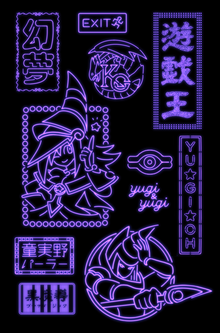 black_background blue-eyes_white_dragon character_name circle commentary_request copyright_name dark_magician dark_magician_girl exit_sign koma_yoichi millennium_eye neon_lights no_humans simple_background star_(symbol) translation_request yu-gi-oh!