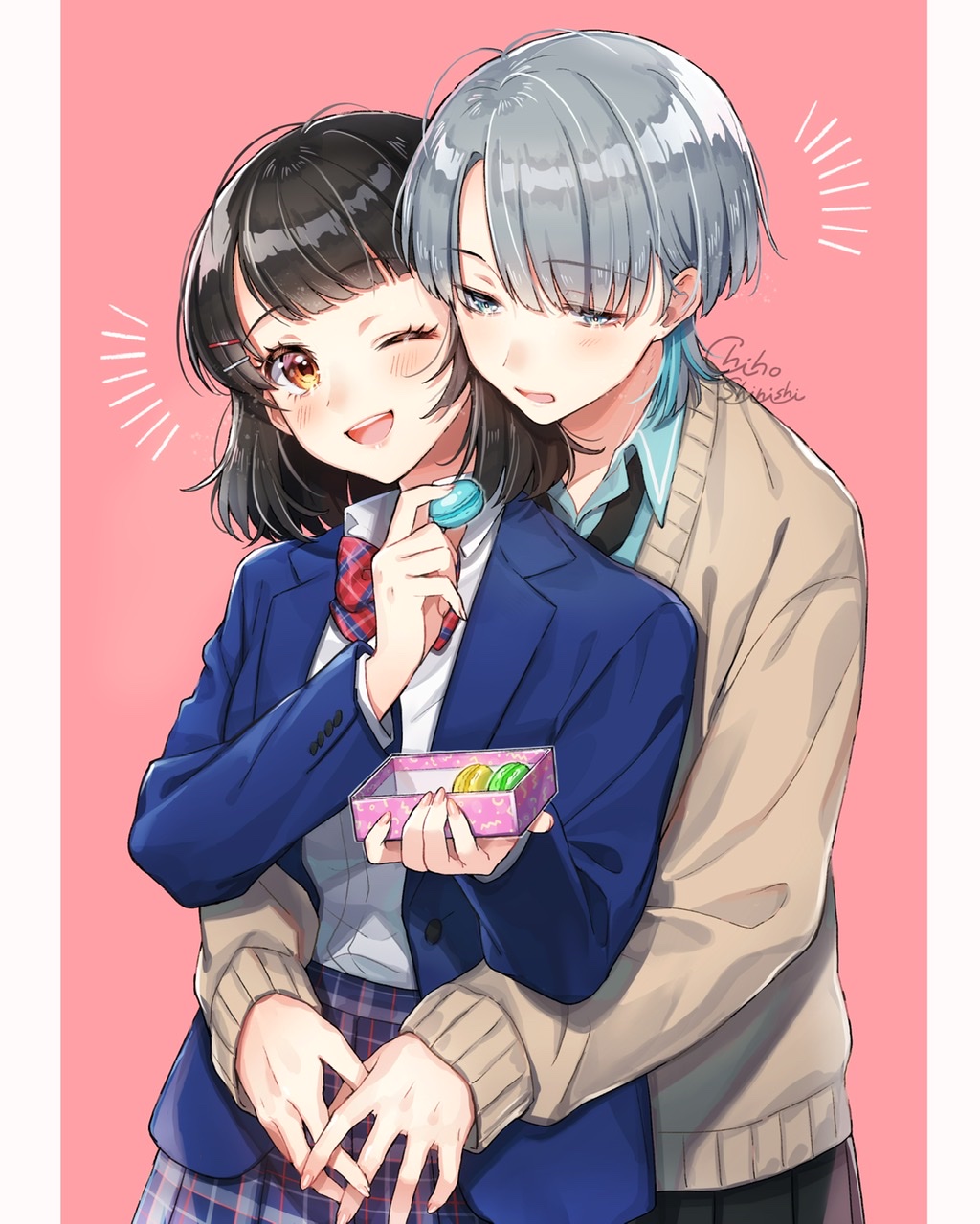 2girls :d antenna_hair arms_around_waist artist_name bangs black_hair black_neckwear blue_eyes blue_hair blue_jacket blue_neckwear blue_shirt blue_skirt blunt_bangs blush bob_cut bow bowtie box breasts brown_eyes brown_sweater colored_inner_hair commentary dress_shirt feeding food front_to_back grey_skirt hair_ornament hair_strand hairclip highres holding holding_box holding_food hug hug_from_behind jacket looking_at_object looking_at_viewer macaron multicolored_hair multicolored_neckwear multiple_girls nail_polish necktie notice_lines one_eye_closed open_mouth original pink_background pink_nails piroshiki123 plaid plaid_neckwear plaid_skirt pleated_skirt red_neckwear school_uniform shirt short_hair signature silver_hair simple_background skirt small_breasts smile sweater uniform upper_body white_shirt