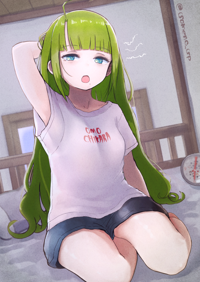 1girl ahoge alarm_clock alternate_costume bangs bed blue_eyes blunt_bangs breasts clock clothes_writing eyebrows_visible_through_hair green_hair hair_down indoors kantai_collection long_hair mole mole_under_mouth on_bed open_mouth shirt short_sleeves shorts sitting solo someno_haru twitter_username waking_up white_shirt yuugumo_(kancolle)