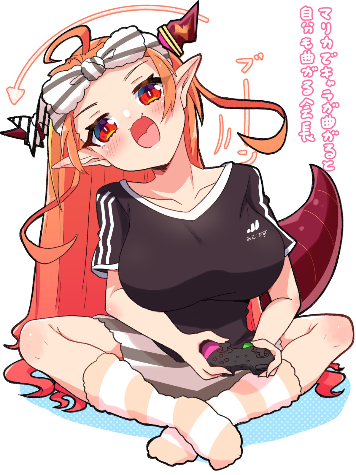 1girl alternate_costume black_shirt blush bow breasts controller crossed_legs dragon_tail game_console game_controller head_tilt highres hololive kiryu_coco large_breasts long_hair open_mouth orange_hair pointy_ears red_eyes shirt shorts sitting socks striped striped_bow striped_legwear striped_shorts tail translation_request white_background yukito_(hoshizora)