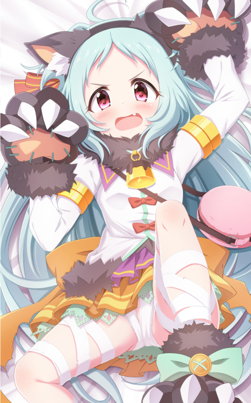 1girl ahoge animal_ear_fluff animal_ears aqua_hair ayase_midori bag bandaged_leg bandages bell blush bow claw_pose commentary dakimakura_(medium) fake_animal_ears fang fur_trim furrowed_eyebrows gloves handbag long_hair long_sleeves looking_at_viewer lying miyako_(princess_connect!) on_back paw_gloves paw_shoes paws princess_connect! red_bow red_eyes reward_available shoes skirt solo