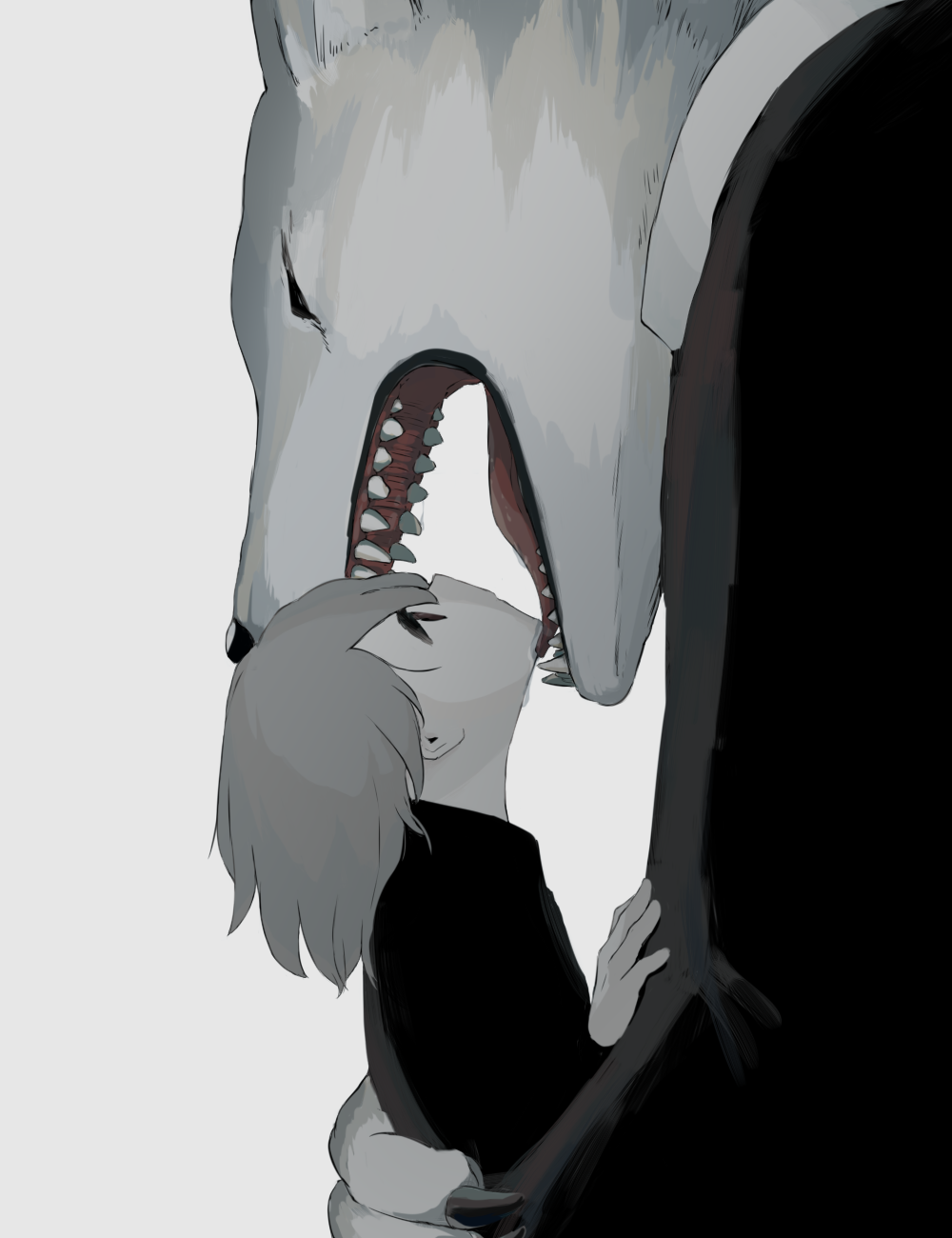 1boy 1other animal_head avogado6 black_jacket cannibalism colored_skin from_side furry grey_hair highres jacket medium_hair open_mouth original saliva white_skin wolf