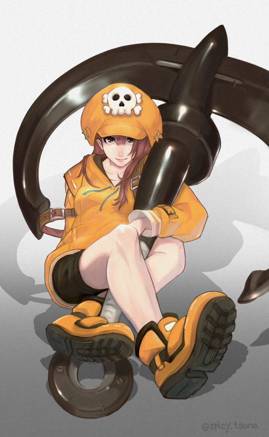 1girl anchor bandages black_shorts brown_eyes brown_hair closed_mouth collarbone film_grain gradient gradient_background guilty_gear guilty_gear_strive hair_between_eyes hat hat_ornament highres holding holding_anchor holding_weapon hood hood_down hoodie long_hair looking_at_viewer may_(guilty_gear) orange_footwear orange_headwear orange_hoodie shorts skull_hat_ornament smile solo tsuna_(akmu8832) twitter_username weapon