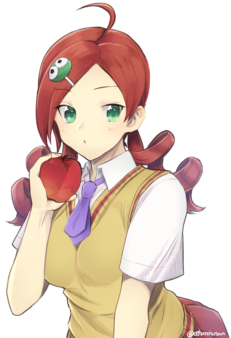 1girl apple breasts character_request drill_hair food fruit green_eyes hair_ornament long_hair looking_at_viewer medium_breasts murata_tefu necktie open_mouth redhead school_uniform simple_background skirt solo twin_drills white_background