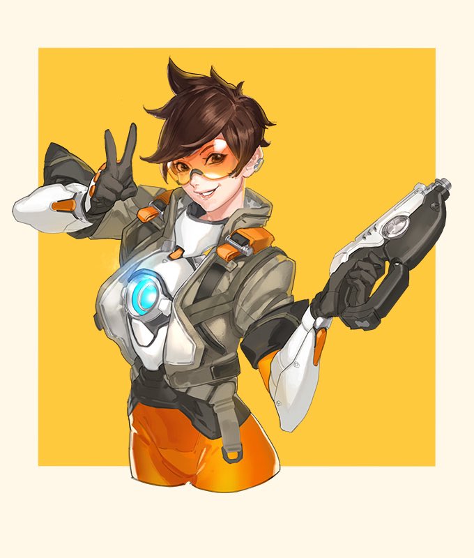 1girl beige_border black_gloves brown_eyes brown_hair cropped_legs ear_piercing gloves gun hair_behind_ear handgun holding holding_gun holding_weapon leaning_back leggings orange_legwear outside_border overwatch passimo piercing pistol short_hair smile solo sunglasses tracer_(overwatch) v weapon