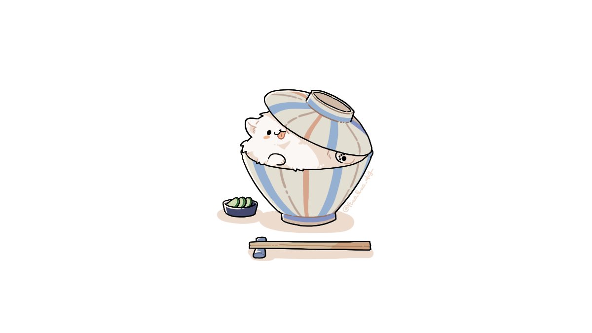 :3 animal animal_focus artist_name black_eyes blush_stickers bowl cheek_squash chopstick_rest chopsticks closed_mouth dog fluffy food fuwa_fuwa_dog in_bowl in_container lid looking_at_viewer no_humans one_eye_covered original shadow simple_background solid_circle_eyes solo tongue tongue_out twitter_username white_background
