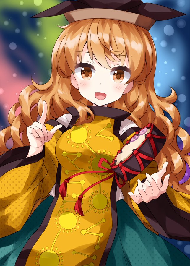 1girl :d bangs blush breasts dress drum eyebrows_visible_through_hair hand_up hat instrument long_hair looking_at_viewer matara_okina md5_mismatch multicolored multicolored_background open_mouth orange_dress orange_hair pointing resolution_mismatch ruu_(tksymkw) smile solo source_larger tabard touhou tsuzumi wide_sleeves