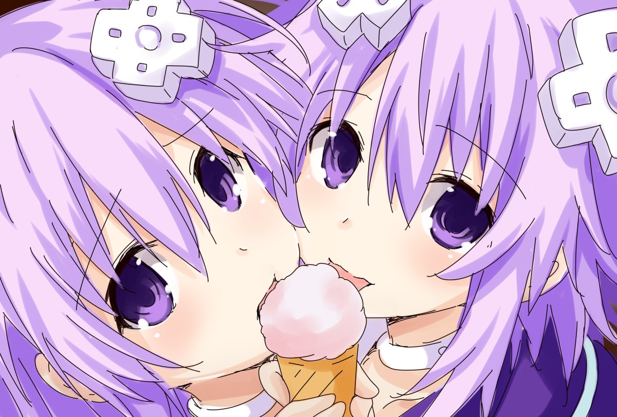 2girls d-pad d-pad_hair_ornament food hair_ornament ice_cream iwashi_dorobou_-r- long_hair looking_at_viewer multiple_girls nepgear neptune_(neptune_series) neptune_(series) purple_hair sexually_suggestive sketch smile violet_eyes