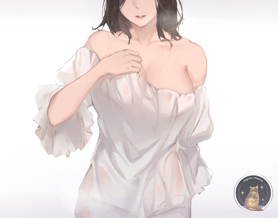 1girl bare_shoulders breast_hold breasts brown_hair character_request closed_mouth collarbone feet_out_of_frame hand_on_back hand_on_own_chest lips long_hair nightgown rifu_(643763873) solo warship_girls_r white_background white_nightgown