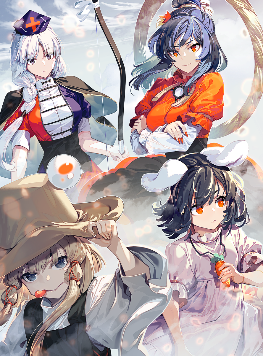 4girls animal_ears bangs black_capelet black_eyes black_hair black_sash black_skirt blonde_hair blue_eyes blue_hair blue_headwear bow_(weapon) braid breasts brown_headwear capelet carrot_necklace closed_mouth constellation_print crossed_arms dress eyebrows_visible_through_hair hair_ornament hand_on_headwear hat highres holding holding_bow_(weapon) holding_jewelry holding_necklace holding_weapon inaba_tewi jewelry leaf_hair_ornament long_hair long_sleeves looking_at_viewer looking_to_the_side medium_breasts medium_hair mirror moriya_suwako multiple_girls necklace nurse_cap pink_dress rabbit_ears red_cross red_eyes red_nails red_shirt rope sash shimenawa shirt short_hair short_over_long_sleeves short_sleeves side_braid sidelocks skirt smile standing tongue tongue_out touhou trigram weapon white_hair white_shirt wide_sleeves yagokoro_eirin yasaka_kanako zounose