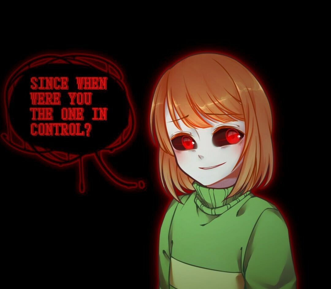 1other black_sclera blind_bridy chara_(undertale) colored_sclera dark_background english_text eyebrows_visible_through_hair glowing glowing_eyes green_sweater light_brown_hair looking_at_viewer pale_skin red_eyes short_hair smile solo sweater undertale