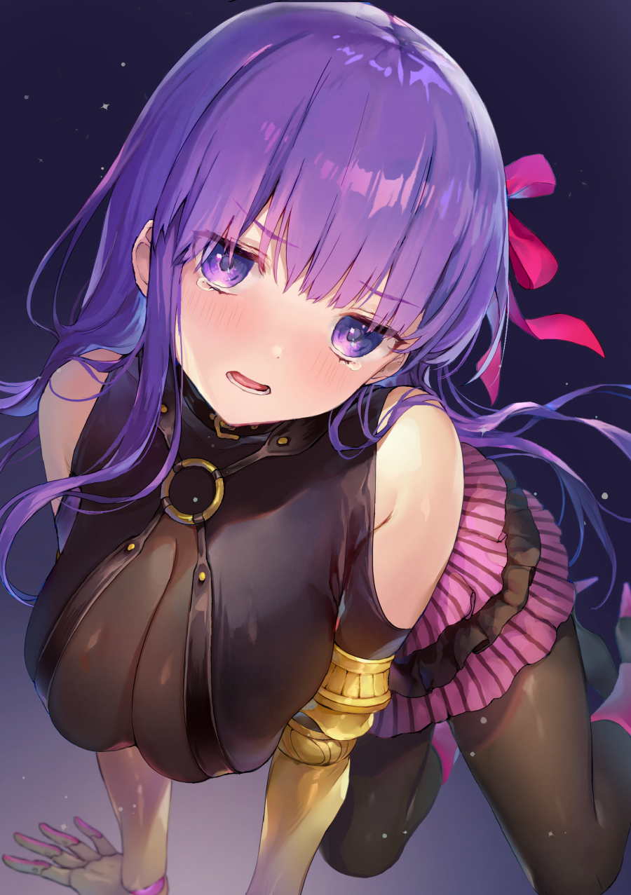 1girl arm_support bb_(fate) bb_(fate)_(all) black_legwear breasts clothing_cutout cosplay fate/extra fate/extra_ccc fate_(series) hair_ribbon highres large_breasts leaning_forward looking_at_viewer pantyhose parted_lips passionlip_(fate) passionlip_(fate)_(cosplay) purple_hair ribbon shoulder_cutout violet_eyes vivi_(eve_no_hakoniwa)
