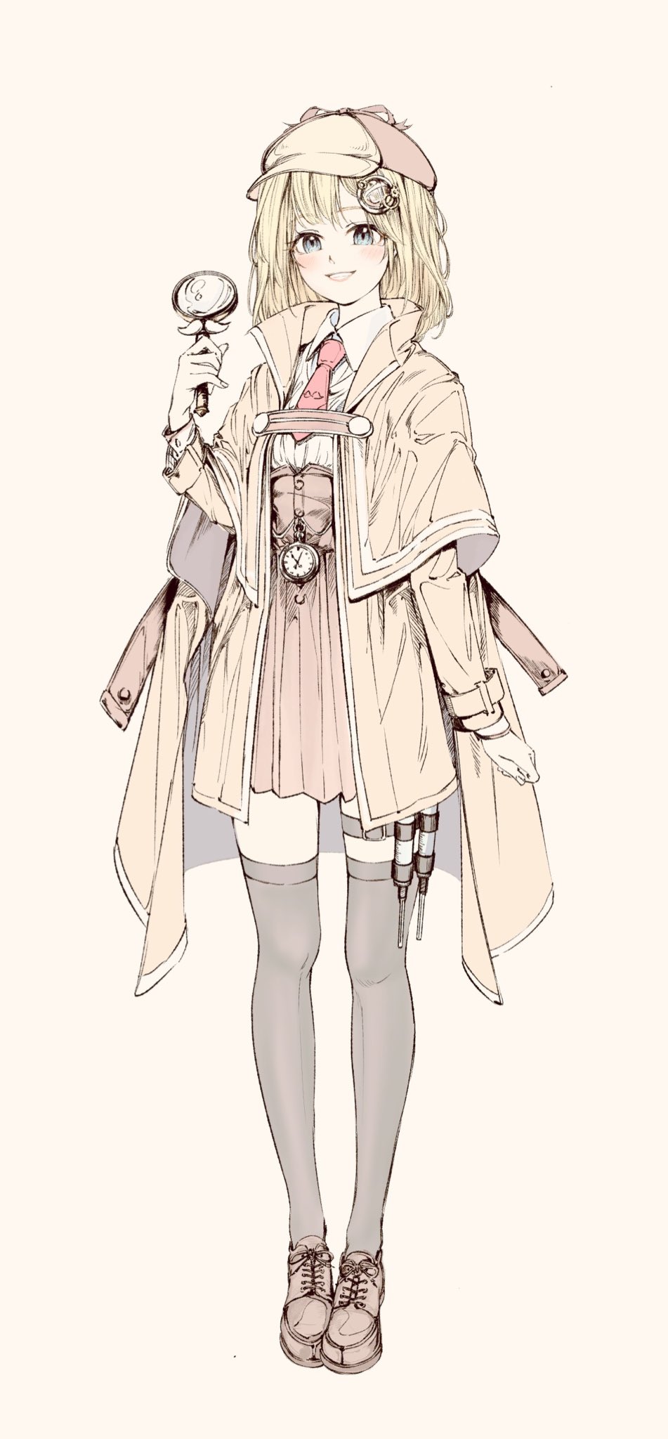 1girl bangs beige_capelet blonde_hair blush brown_skirt capelet clenched_hand deerstalker eyebrows_visible_through_hair full_body hat high-waist_skirt highres holding_magnifying_glass hololive hololive_english medium_hair mini_necktie minoru69132859 red_neckwear shirt shirt_tucked_in skirt smile solo standing thigh-highs thigh_strap virtual_youtuber watson_amelia white_shirt