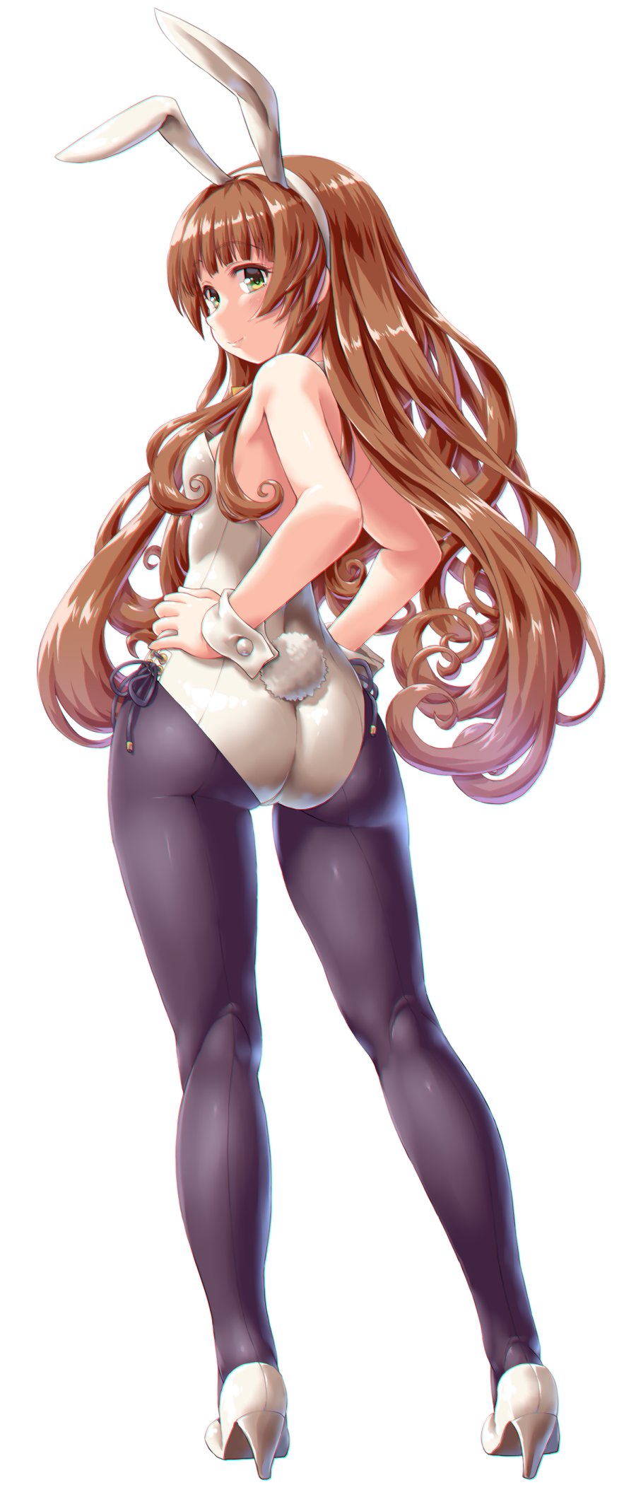1girl animal_ears ass breasts brown_hair bunny_tail contrapposto dd_(ijigendd) from_behind green_hair hands_on_hips helena_(kancolle) highres kantai_collection light_smile long_hair looking_back pantyhose playboy_bunny rabbit_ears seamed_legwear small_breasts solo tail very_long_hair white_background wrist_cuffs