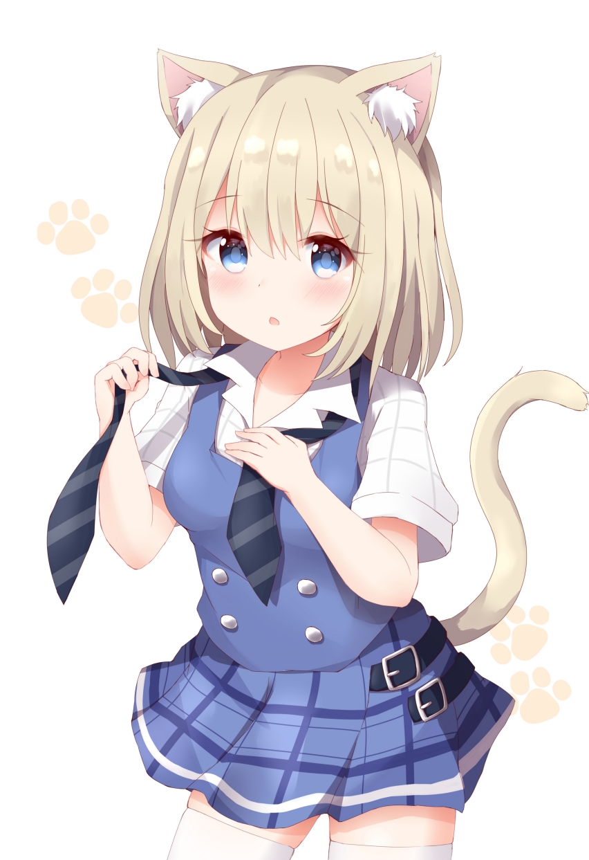 1girl animal_ear_fluff animal_ears blonde_hair blue_eyes blue_neckwear blue_shirt blue_skirt blush borrowed_character breasts cat_ears cat_girl cat_tail chestnut_mouth collared_shirt commentary_request commission eyebrows_visible_through_hair highres holding_necktie looking_at_viewer medium_hair original pixiv_request plaid plaid_skirt pleated_skirt shirt short_sleeves skirt small_breasts solo striped striped_neckwear tail thigh-highs tutsucha_illust undone_necktie white_legwear white_shirt