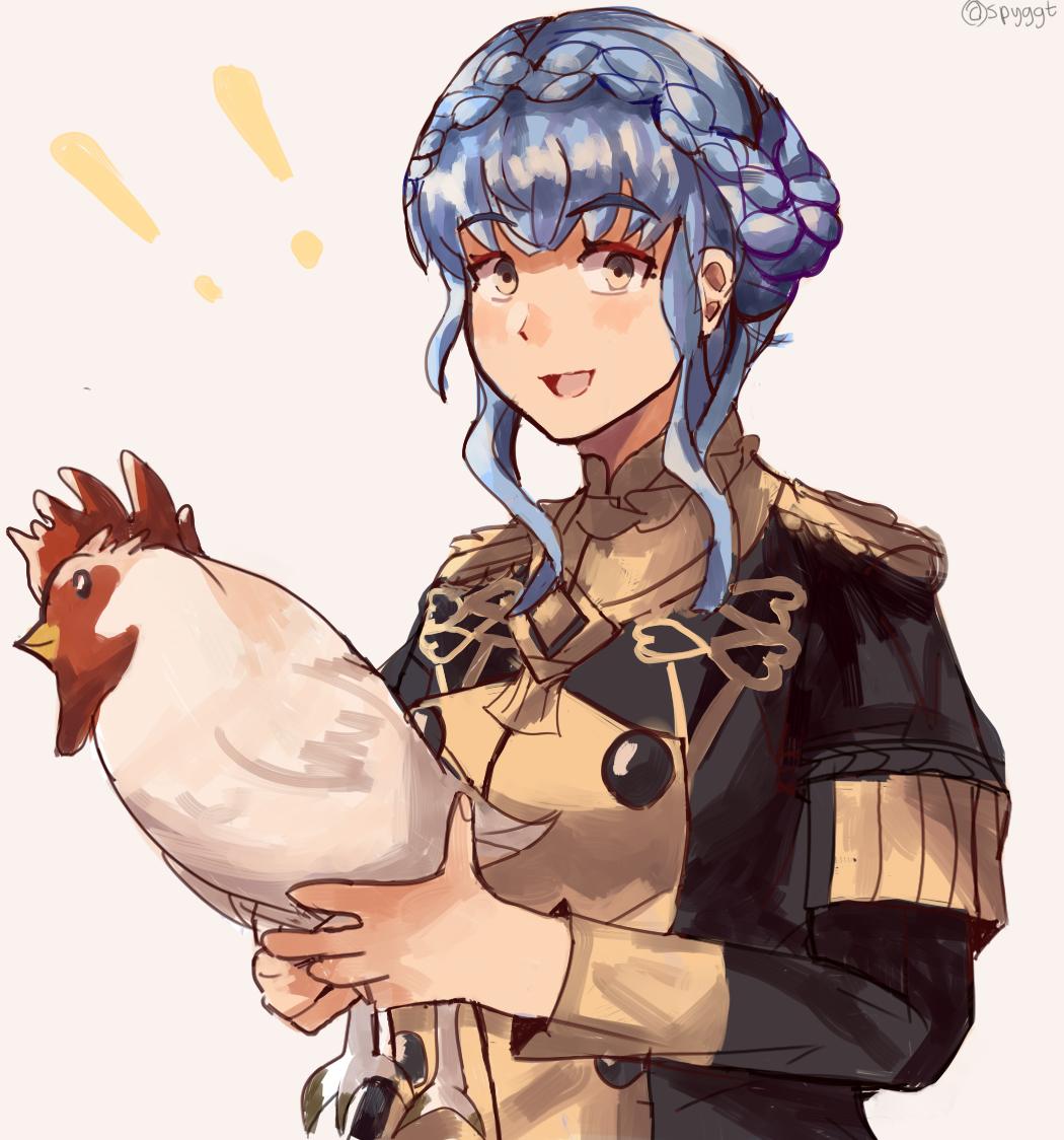 ! !! 1girl :d animal artist_name bangs bird black_jacket blue_hair braid chicken commentary crown_braid english_commentary eyebrows_visible_through_hair fire_emblem fire_emblem:_three_houses garreg_mach_monastery_uniform grey_background grey_eyes holding holding_animal jacket long_sleeves looking_at_viewer marianne_von_edmund open_mouth short_hair_with_long_locks simple_background smile solo spyg twitter_username upper_body