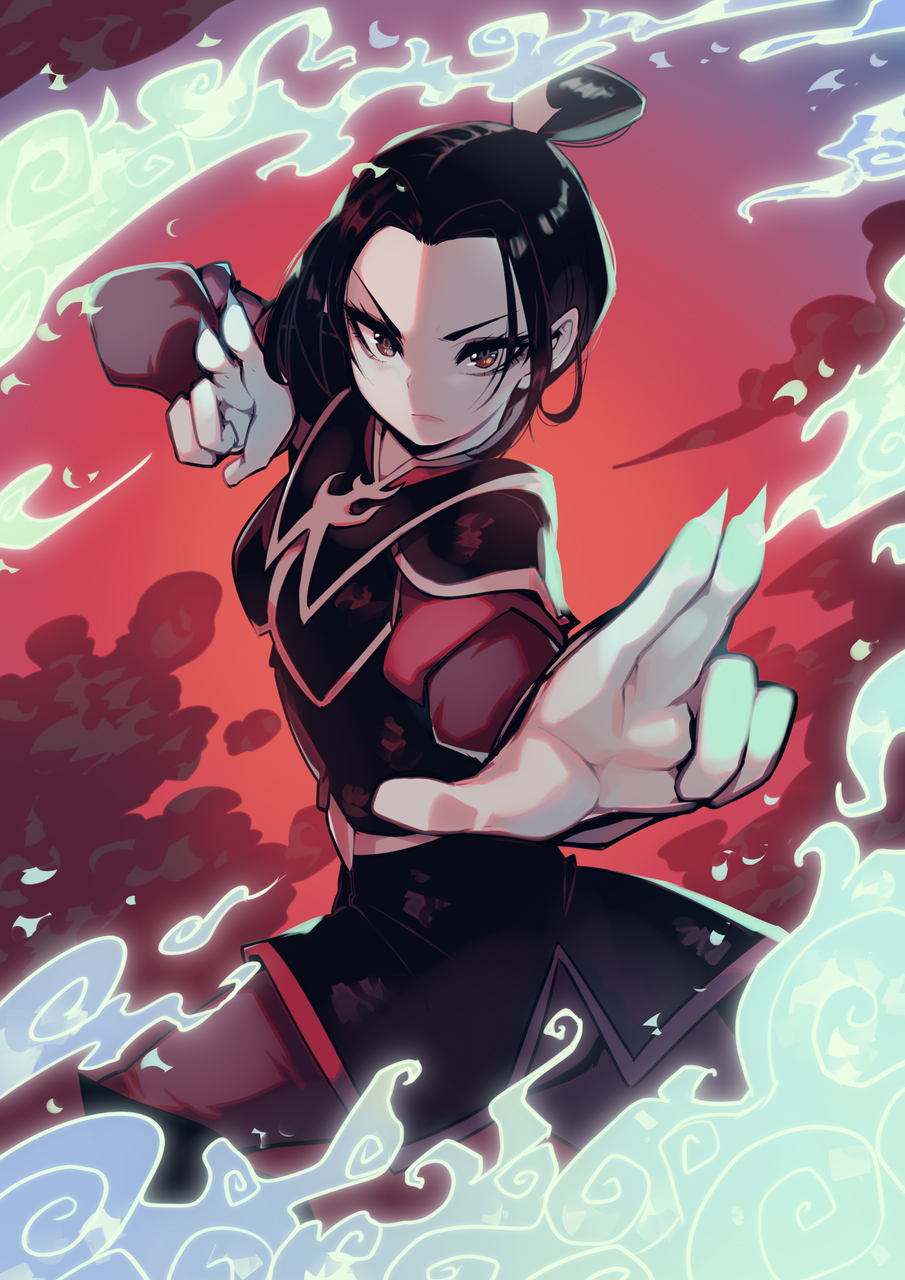 &gt;:( 1girl avatar:_the_last_airbender avatar_(series) azula black_hair blue_fire closed_mouth clouds cloudy_sky element_bending fingernails fire hair_ornament highres lipstick looking_at_viewer makeup parororo pyrokinesis serious sharp_fingernails short_hair sky solo topknot