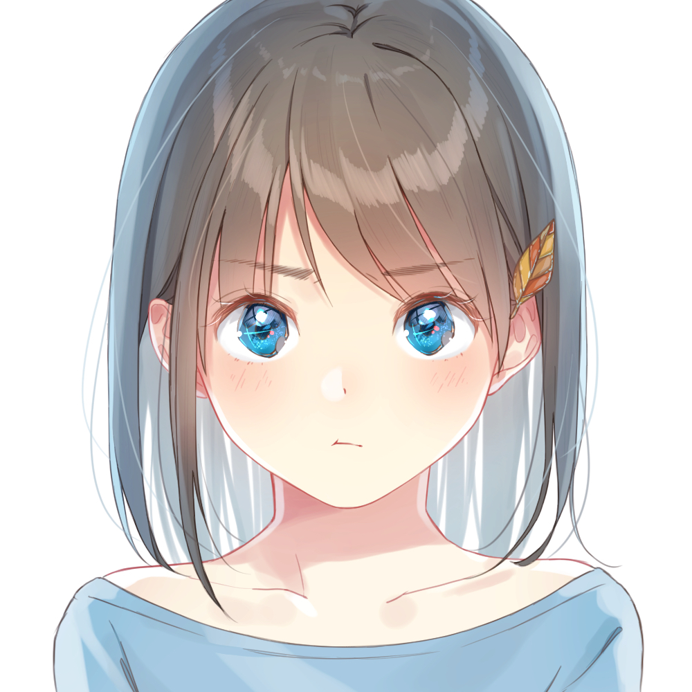 1girl :t bangs blue_eyes blue_shirt brown_hair close-up collarbone dot_nose eyebrows_visible_through_hair hair_ornament hami_yura leaf_hair_ornament looking_at_viewer original pout shirt simple_background solo t-shirt tsundere white_background