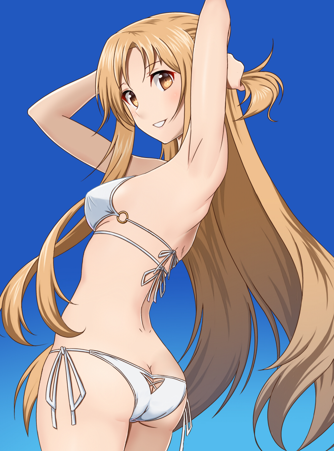 1girl armpits ass asuna_(sao) bikini blue_background blush breasts brown_eyes bunching_hair butt_crack from_behind hands_up highres long_hair looking_at_viewer looking_back medium_breasts side-tie_bikini smile solo standing swimsuit sword_art_online taka_(takahirokun) very_long_hair white_bikini