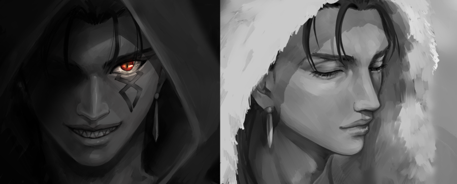 2boys angry close-up closed_eyes closed_mouth cu_chulainn_(fate)_(all) cu_chulainn_(fate/grand_order) cu_chulainn_alter_(fate/grand_order) dark_persona earrings facepaint fate/grand_order fate_(series) fur-trimmed_hood fur_trim grin hood hood_up jewelry looking_at_viewer male_focus multiple_boys multiple_persona one_eye_covered red_eyes saku_(saksak1100) sharp_teeth slit_pupils smile teeth